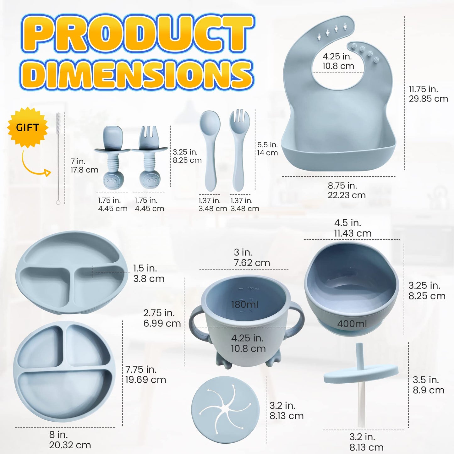 HippoBaby Baby Led Weaning Supplies | 10 Piece Silicone Baby Feeding Set | Baby Toddler Bib Cup Divided Plate and Bowl Self Feeding Spoons Dish Set | Baby Utensils | Toddler Feeding Supplies (Sky)