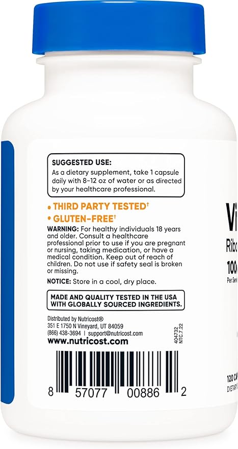 Nutricost Vitamin B2 (Riboflavin) 100mg, 120 Capsules - Gluten Free and Non-GMO