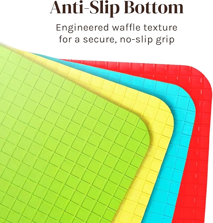 4 Piece Flexible Plastic Cutting Boards for Kitchen, BPA Free Plastic Cutting Mats For Kitchen - Extra Thick Chopping Mats - Each Board Mat Color Coded with Food Icons - Non Slip Back Dishwasher Safe