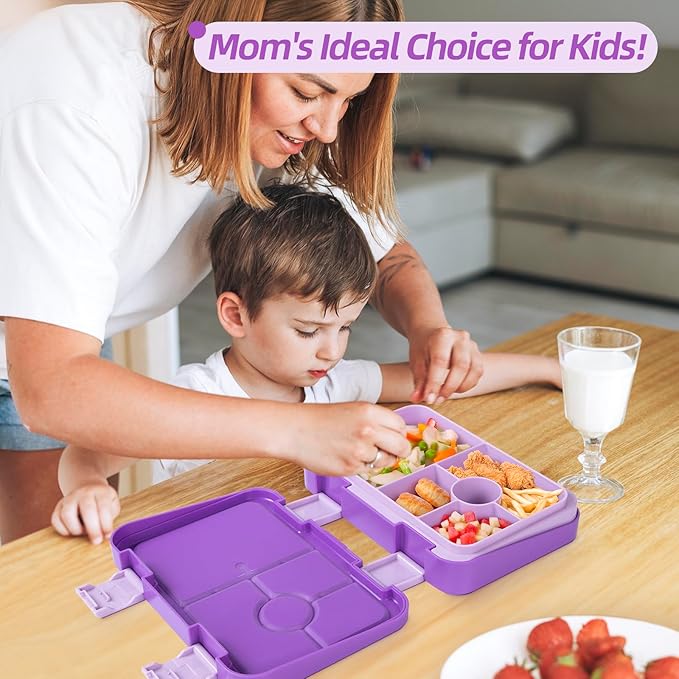 Bento Lunch Box for Kids, 6 Compartments BPA Free, Dishwasher Safe Back to School Snack Bento Lunch Containers Boxes, Ideal Portion Sizes for On-the-Go Meal, Ages 3+, School, Purple