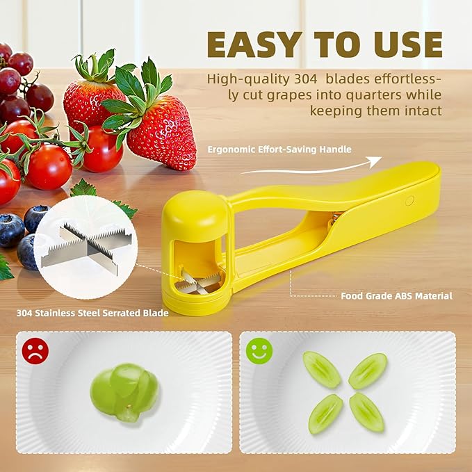 Luvan Grape Cutter for Toddlers 1-3, Grape Slicer Kitchen Gadget for Vegetable Fruit Salad Cake Decor, Stainless Steel Baby Tomato Quarter Cutter Tool for Cherry Strawberry Blueberry - Yellow