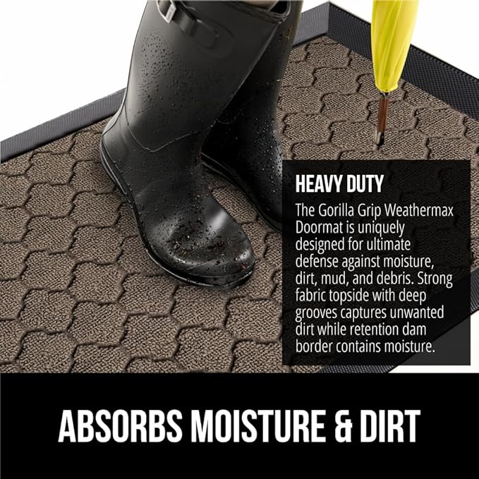GORILLA GRIP 100% Waterproof All-Season WeatherMax Doormat, 23x35, Durable Natural Rubber, Stain and Fade Resistant, Low Profile, Indoor Outdoor Doormats, Easy Clean Patio Entry Mat, Latte Quatrefoil