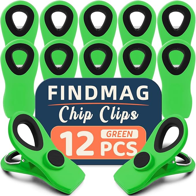 FINDMAG Big Chip Clip, Green Magnetic Wide Bag Clip Set, Cute Magnet Clips for Food, Plastic Food Clips Great for Kitchen, Home, Snacks, Bread, 12 Pack