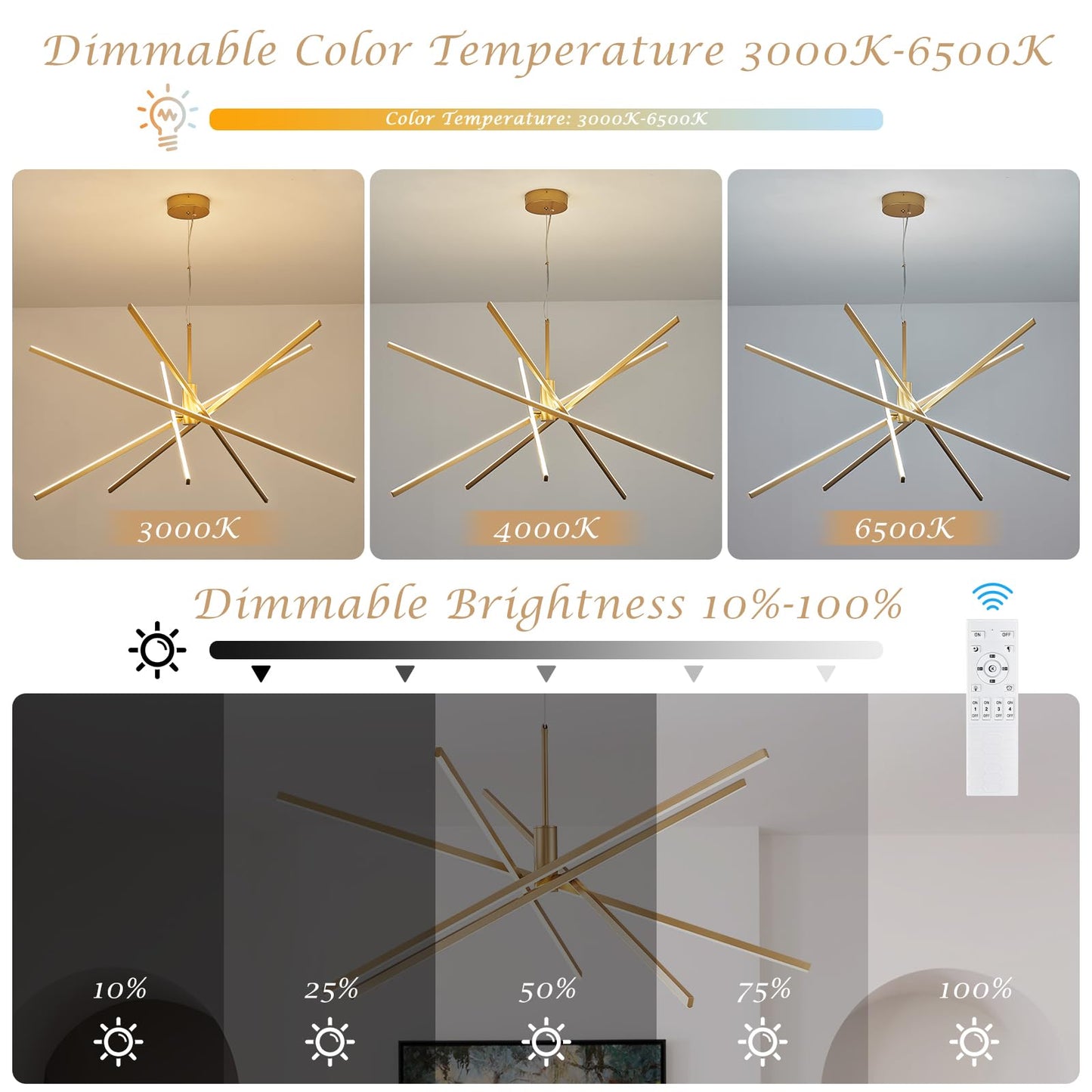 Airyphant Gold Chandelier 47  Big High Ceiling Chandeliers Big Modern Remote Control Chandelier For Large Living Room Dining Room Foyer