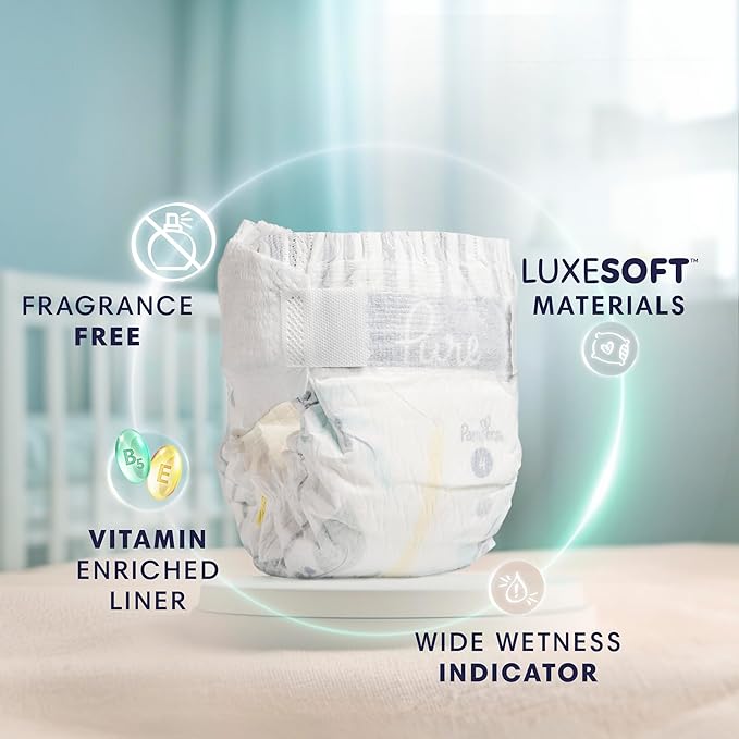 Pampers Baby Diapers - Pure Protection - Size 7, 60 Count, for up to 100% Leakproof, Premium Plant-based Skin Protection