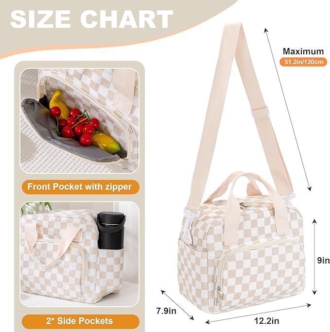 Large Lunch Bag for Women Insulated Lunch Box Reusable Cooler Bag Portable Cute Corduroy Leakproof Tote Bags for Travel, Work, and Picnic, Beige and White
