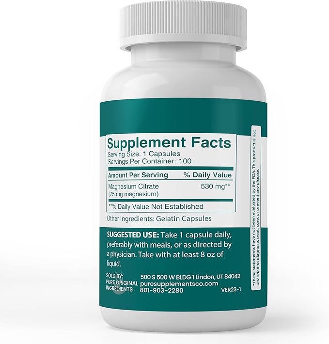 Pure Original Ingredients Magnesium Citrate, (100 Capsules) Always Pure, No Additives or Fillers, Lab Verified