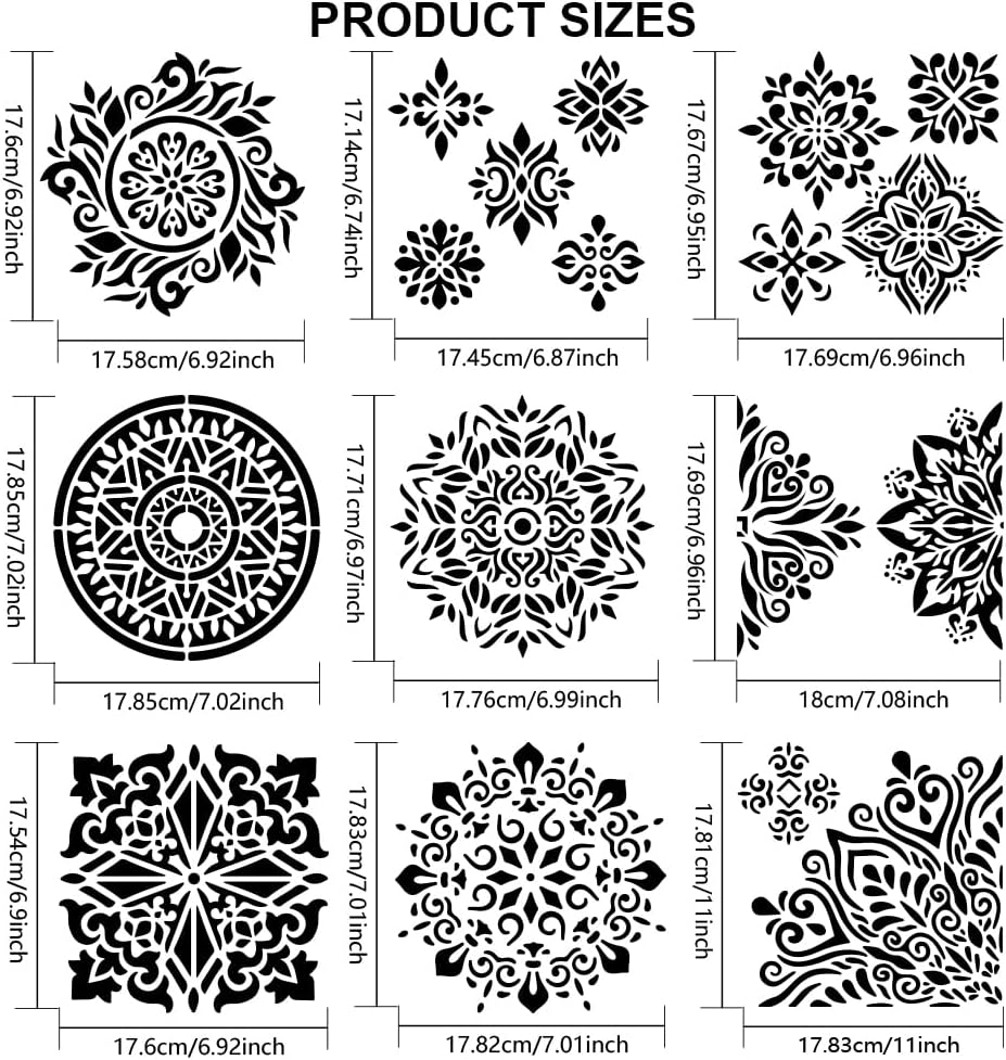 MAYJOYDIY 9pcs Mandala Stencil 7.8×7.8inch 18 Types Vintage Mandala Patterns with Paint Brush Square Reusable Furniture Stencils for DIY Mandala Art Craft Wood Floor Wall Tile Fabric