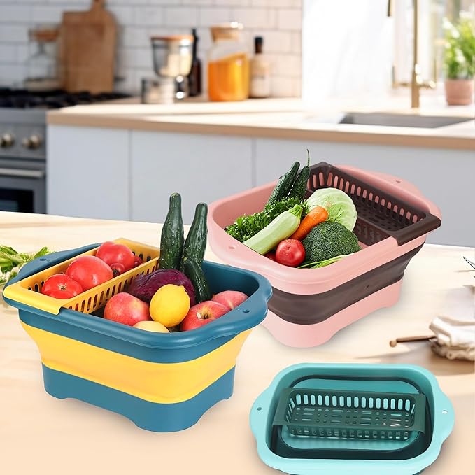 Collapsible Dish Basin Colander for Kitchen,Portable Bucket Camping Sink 2.9 Gallon (11L) (Pink)