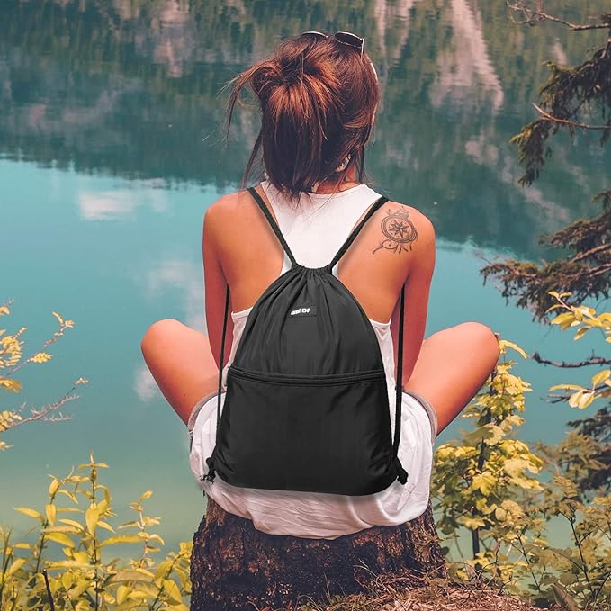 WANDF Drawstring Backpack String Bag Sackpack Cinch Water Resistant Nylon for Gym Shopping Sport Yoga (Black)
