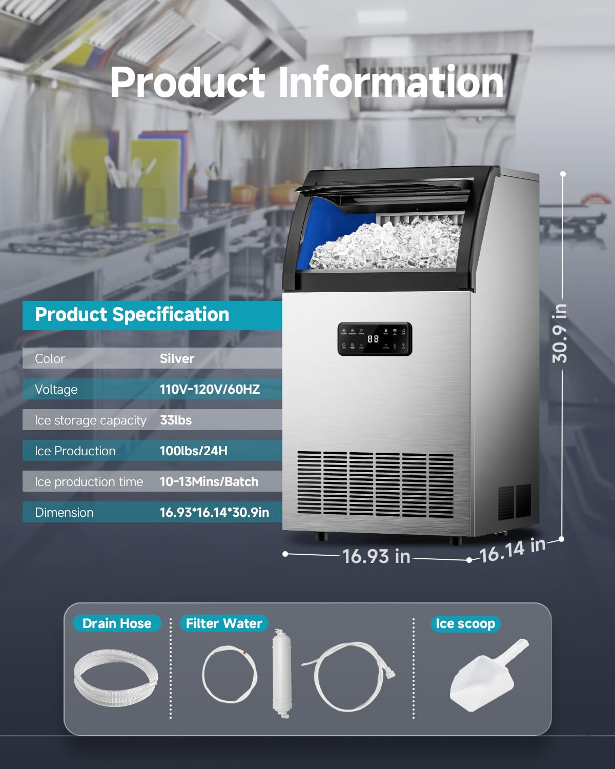 EUHOMY Commercial Ice Maker,105lbs/24H,Stainless Steel Under Counter Ice Machine with Water Filter,33lbs Storage Capacity, 45 Cubes in 8-12 Mins, Freestanding Ice Machine for Home/Bar/Cafe/Restaurant