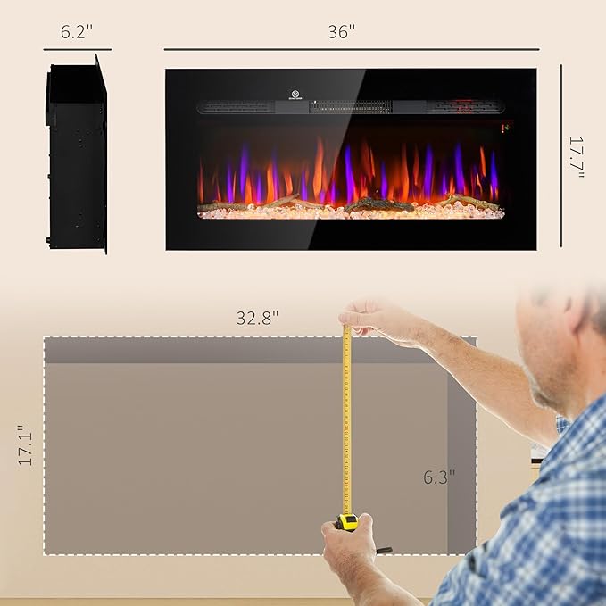 HOMCOM 36" Electric Fireplace Recessed and Wall Mounted with Remote Control, 1500W Fireplace Heater with 8H Timer, Adjustable Flame Color and Brightness, Log and Crystal