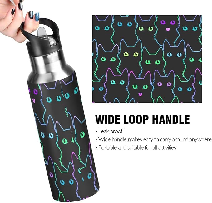 senya 34 Oz Water Bottle with Straw Colorful Neon Cat Stainless Steel Water Bottle for Traveling Sports Leakproof Insulated Water Bottle