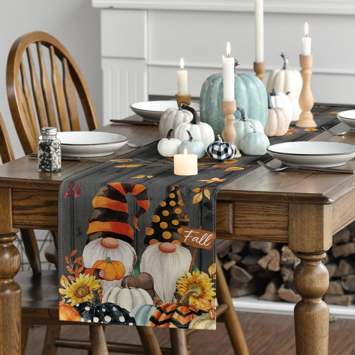 Artoid Mode Fall Gnomes Pumpkins Sunflower Maple Leaves Thanksgiving Table Runner, Seasonal Harvest Vintage Kitchen Dining Table Decoration for Indoor Outdoor Home Party Decor 13 x 48 Inch