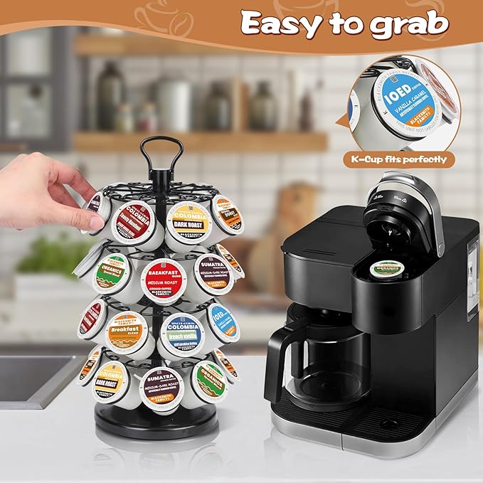 K Cup Holder, K Cup Carousel, Coffee Pods Storage Organizer Stand (Black, 32 Pods Capacity K/D Design)