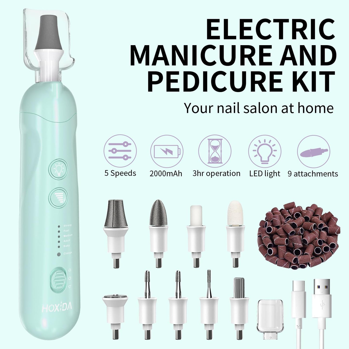 Manicure Pedicure Kit for Women, Professional Nail Grinder for Senior Thick Toenail, Cordless Electric Nail File, 5 Speeds Pedic