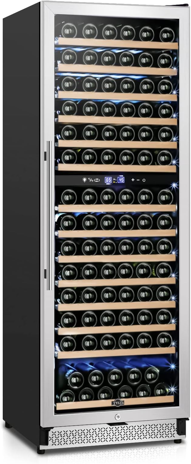 Tylza 24 Inch Wine Fridge Dual Zone, 180 Bottles Wine Cooler Refrigerator With Stainless Steel and Professional Compressor, Fast Cooling Low Noise and No Fog Built-in or Freestanding