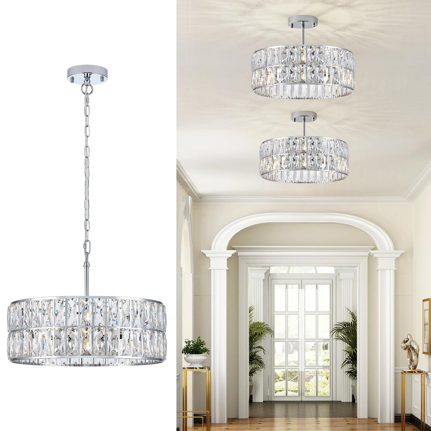 Catiner Modern Crystal Chandelier 18 Chrome Semi Flush Mount Ceiling Light Fixtures 6-Lights Drum Crystal Pendant Lighting For Dining Room Foyer Bedroom Living Room