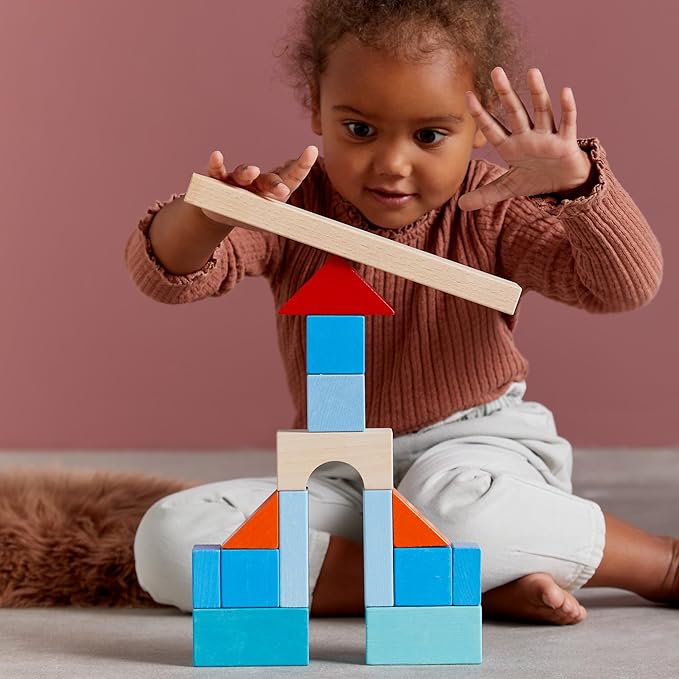 HABA Colored Wooden Building Blocks - 46 Piece Set of Wooden Toys, Stacking Toys for Toddlers 1-3 for Open Ended STEM Play, Made in Germany