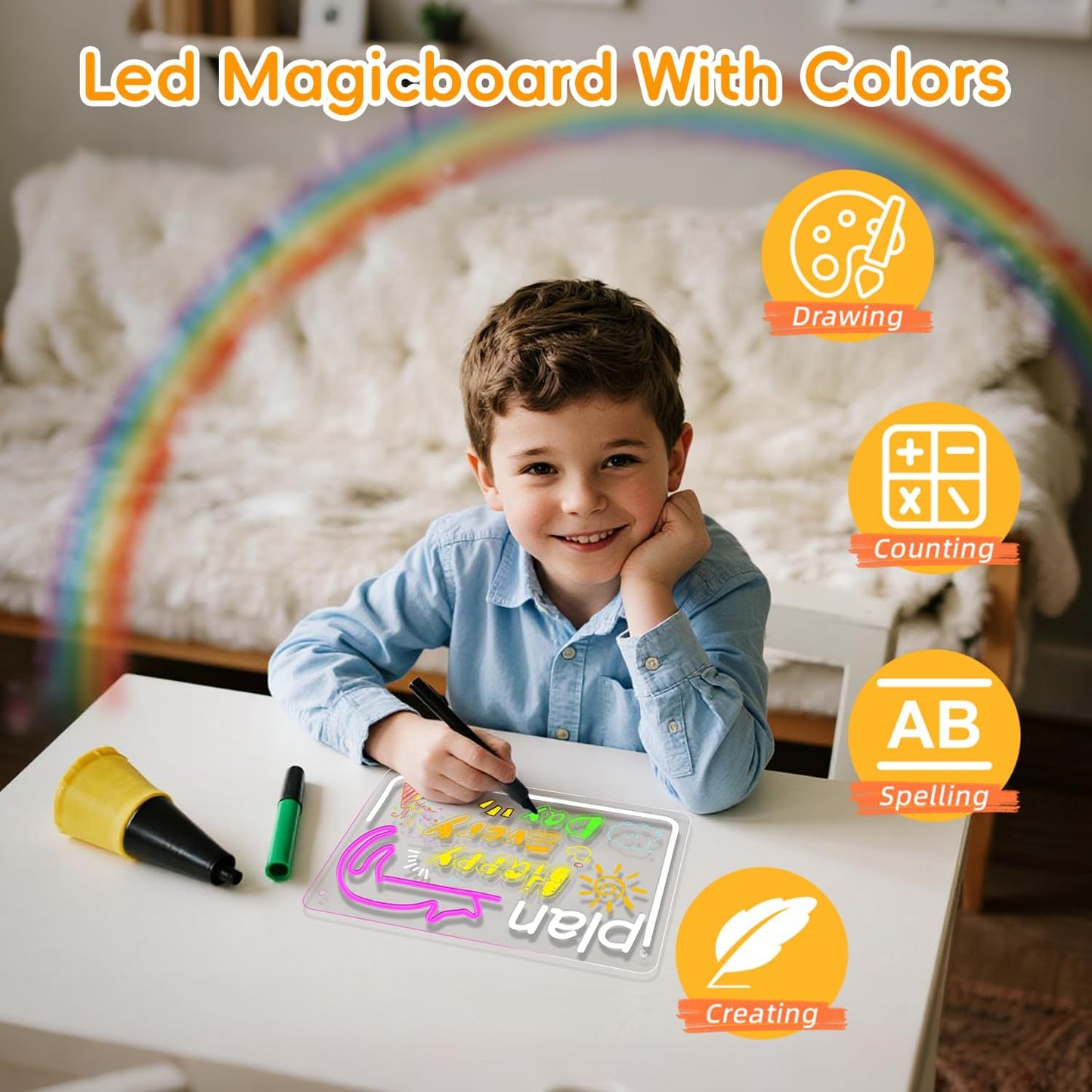 NOSUN Cat Kid LED Note Board 14.6 * 9.5” Acrylic Dry Erase Light Up Message Board with Chain and Stand for Kids With 7 Color Markers TO DO PLAN Glow Rewritable Memo Drawing Writing Board FARE PIANO