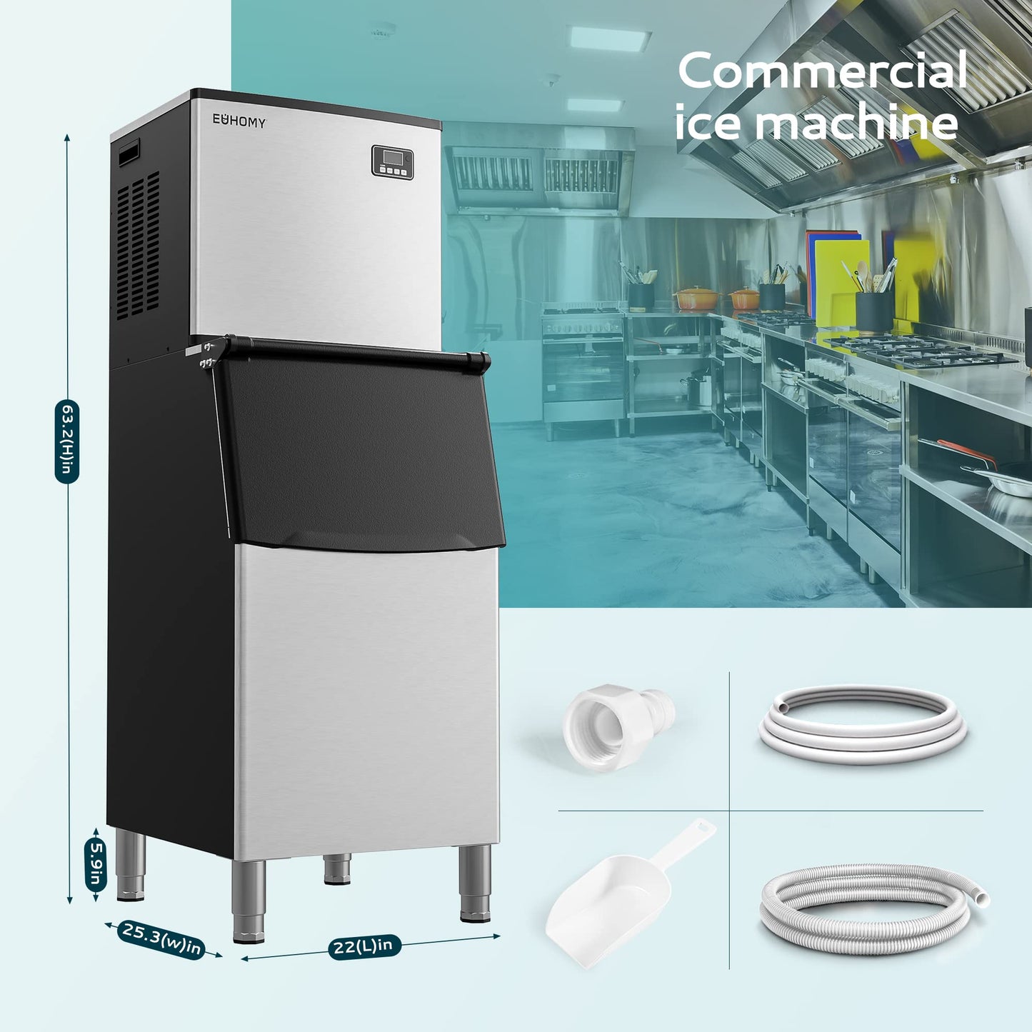 EUHOMY Commercial Ice Maker Machine 500Lbs/24H, SECOP Compressor&ETL Approval, Industrial Ice Machine, 250Lbs Storage, Ice Ready in 8-15 min, Stainless Steel Ice Maker for Bar/Cafe/Restaurant/Business