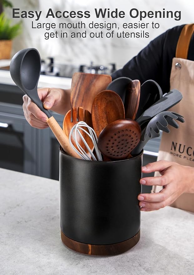 Nucookery 360°Rotating Utensil Holder, 7.2" Kitchen Utensil Crock, Ceramic Cooking Utensil Organizer with Countertop-Protection Cork Bottom for Farmhouse Kitchen Decor Christmas (Stone Black)