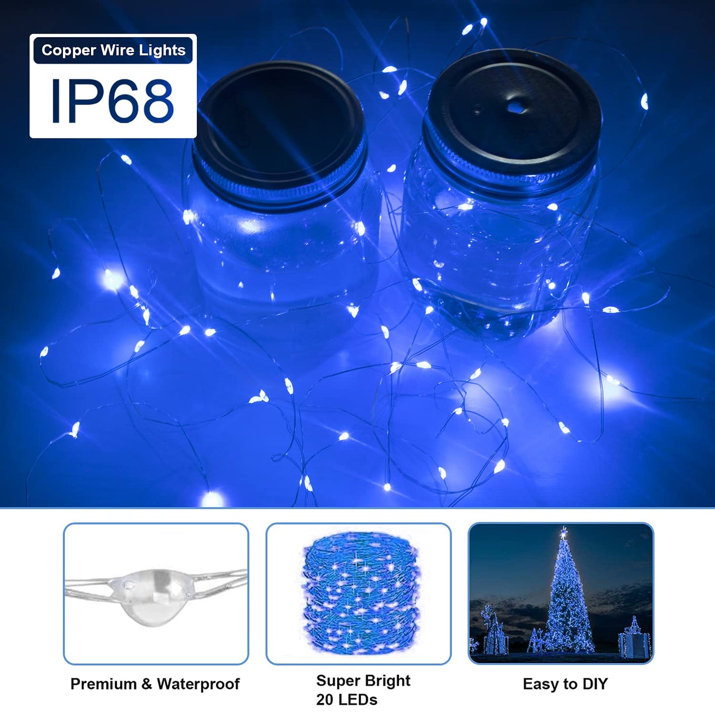 Merfino 12 Pack Battery Operated Fairy Lights, 20 LED, 7Ft, Waterproof, 3 Speed Modes, Extra Batteries, Blue, Model ZLDC01#