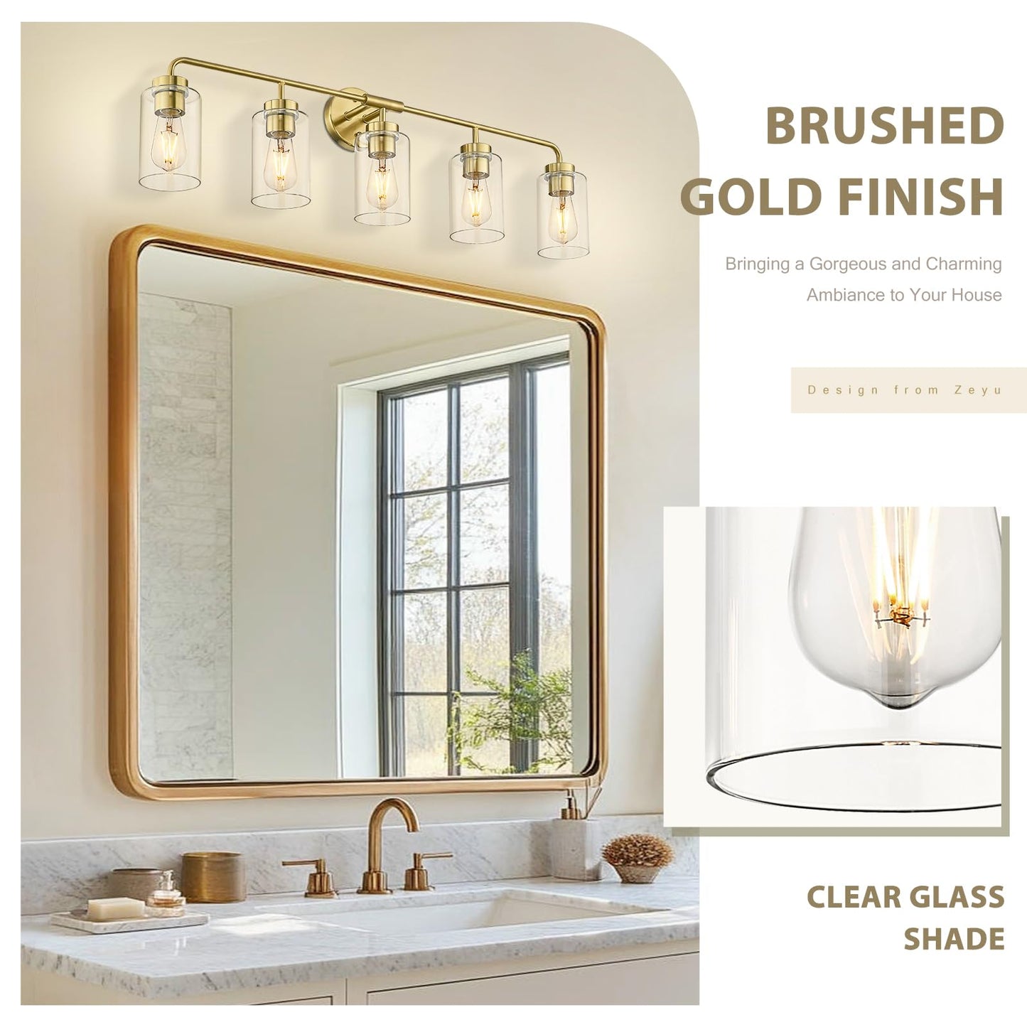 Zeyu 5 Light Sconces Wall Lighting  37 Inch Bathroom Vanity Light Fixtures  Brushed Gold Finish  Clear Glass Shade  Zs62B-5W Bg