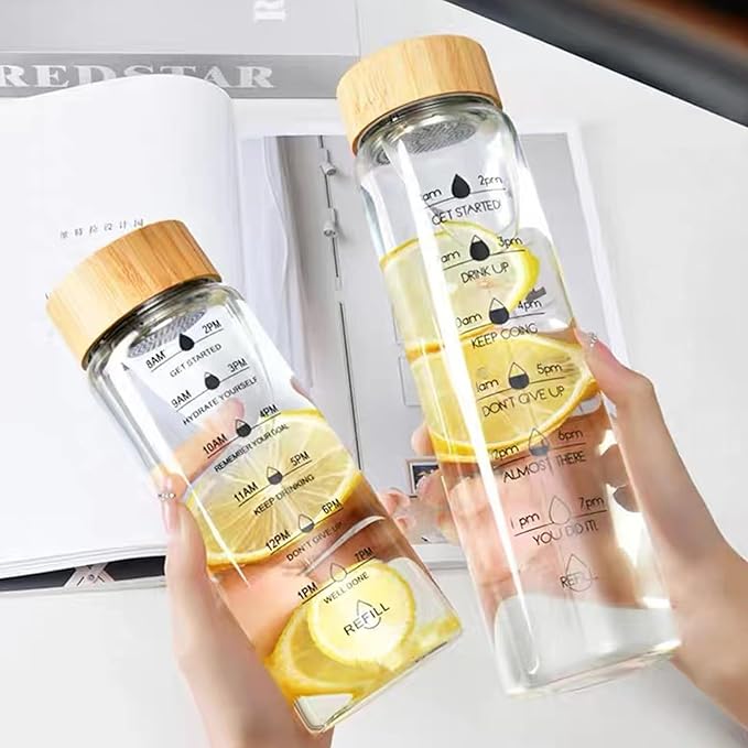 36oz Glass Water Bottle with Time Marker, Leak-Proof,With stainless steel tea strainer, BPA-Free Reusable Hot and Cold Beverages for Office, Gym, Travel