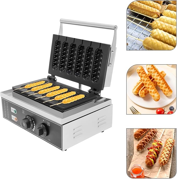 Corn Dog Waffle Maker, 1500W 6 Pcs Non-Stick Hot Dog Machine with Temp & Time Control, Countertop Waffle Pop Maker for Restaurant Bakery Snack Bar Family