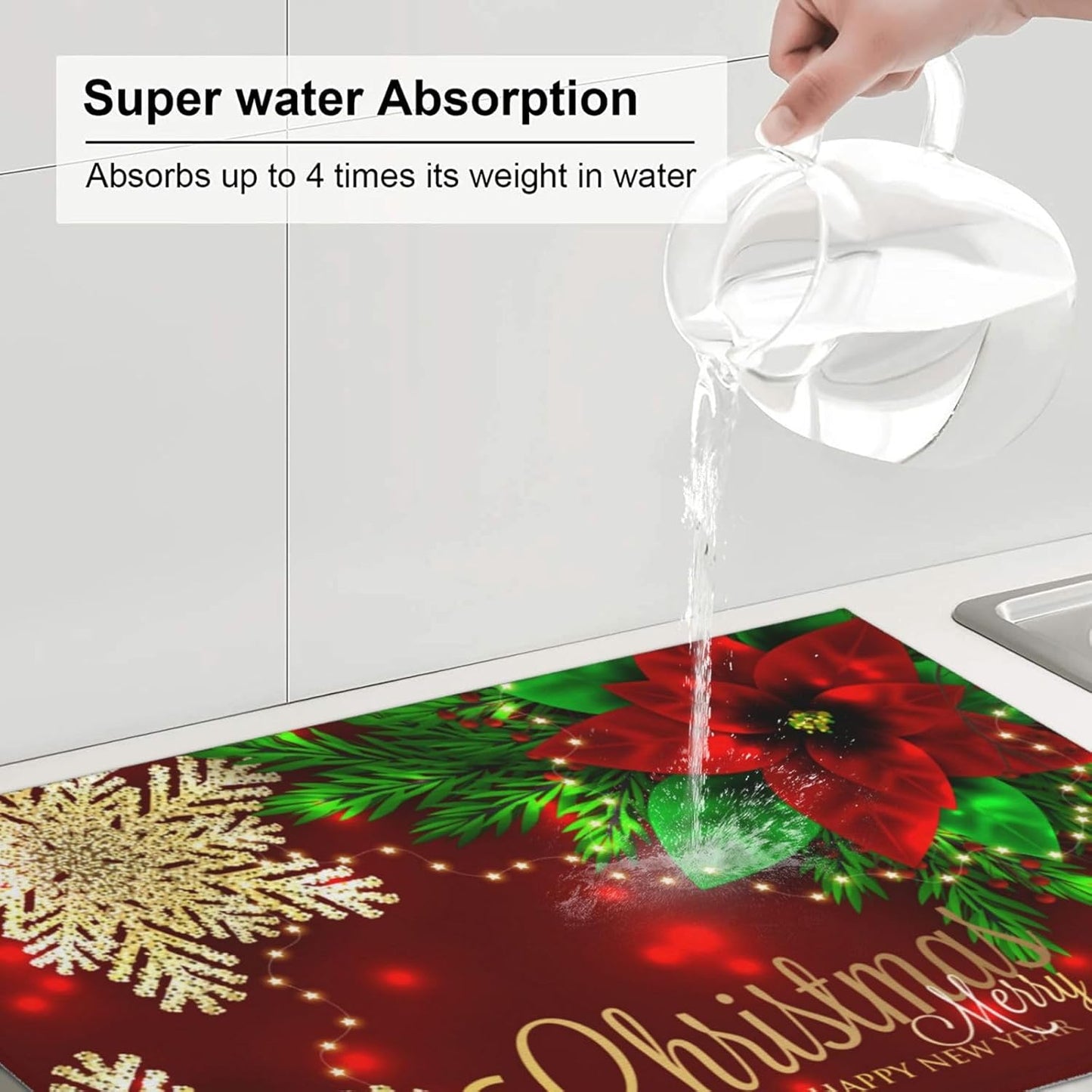 Dish Drying Mat Poinsettia Gold Snowflake Christmas Xmas for Kitchen Counter Absorbent 18x24 Inch Microfiber Dishes Plate Glass Dry Draining Pad Reversible Washable