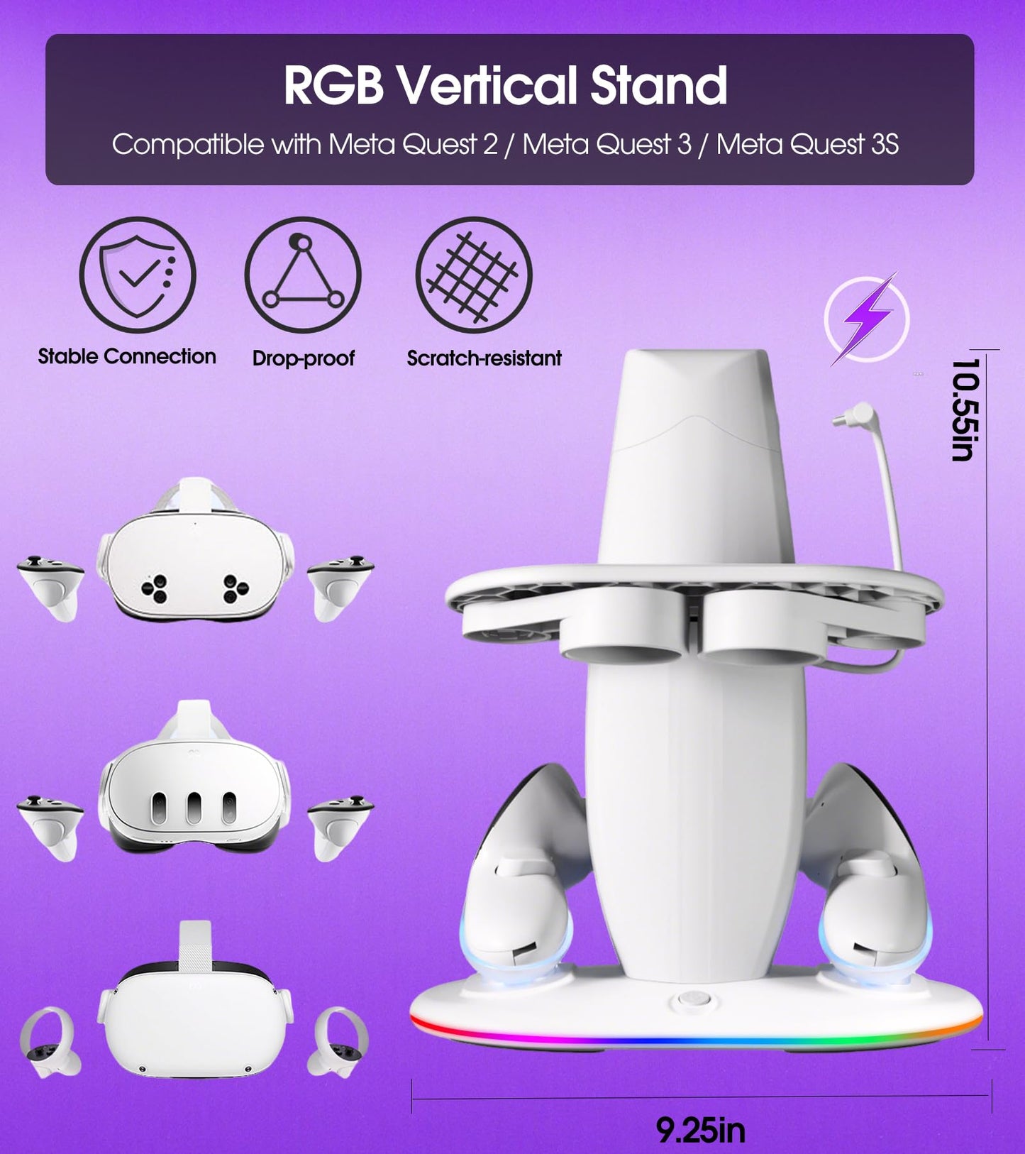 Charging Dock for Meta Quest 2/3/3S,VR Headset Charging Dock and Controllers with RGB Light, USB-C Charger and Cable, Fast Charging Station