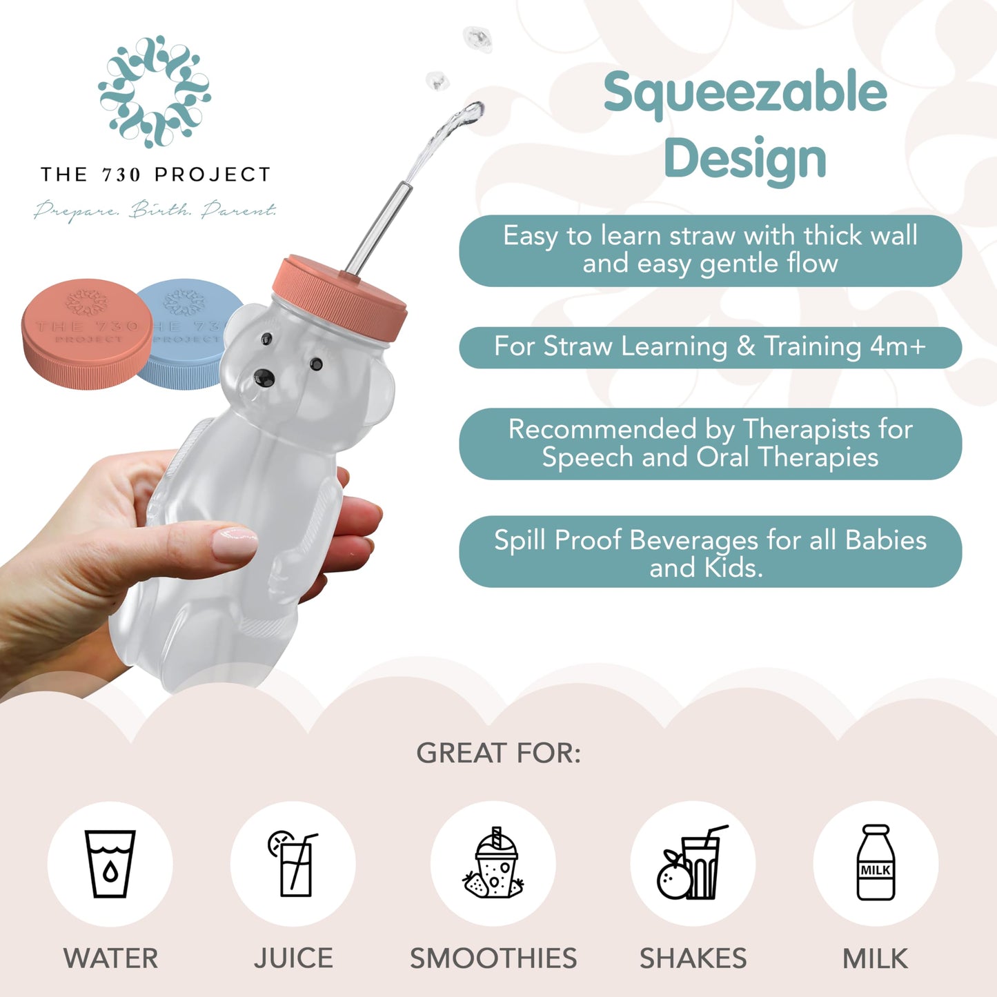 The 730 Project Honey Bear Straw Cup for Babies, 2-Pack Honey Bear Bottle with Travel Lid, Therapy Learning Honeybear Straw Cup, Baby Bottle Set, 8 oz, Blueberry Pie & Firetruck