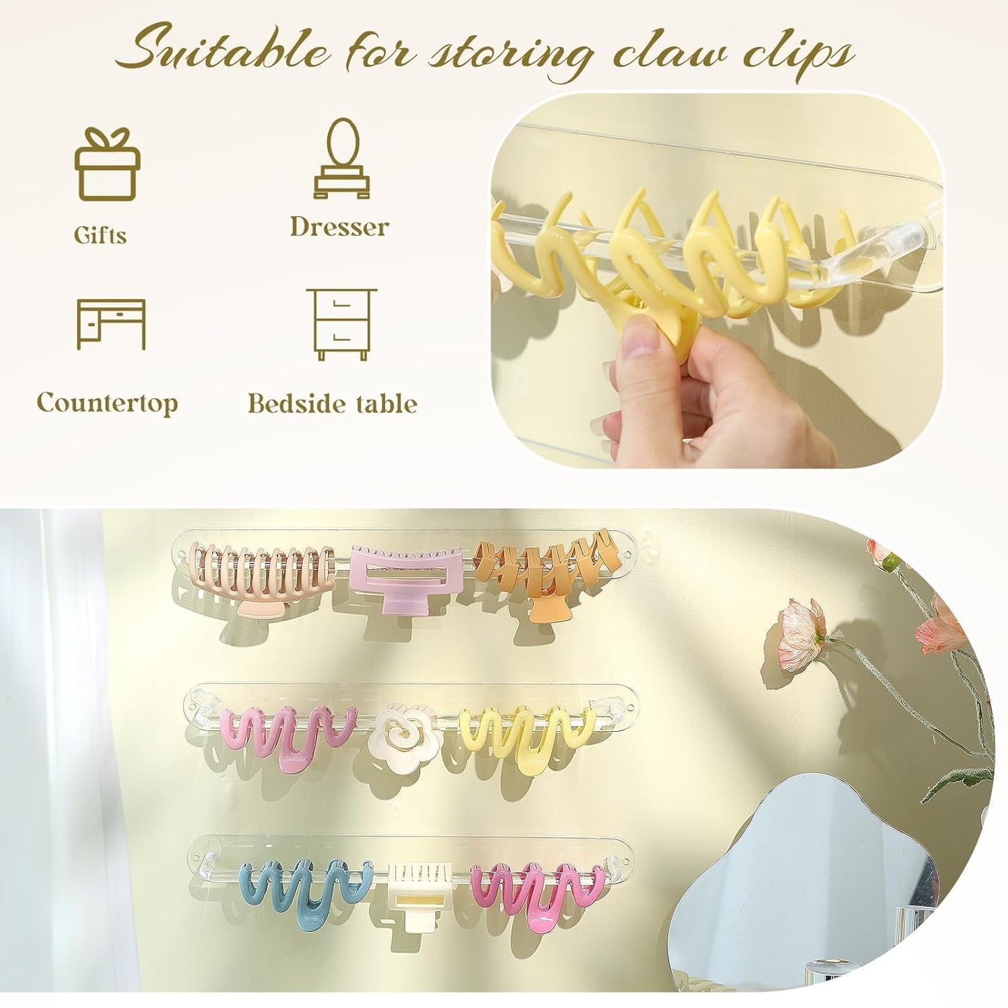 SNOWSTAR Acrylic Claw Clip Organizer, 4PCS Wall Holder and Storage, Hair Clip Display Clear Stand for Women and Girls (Clear 4PC