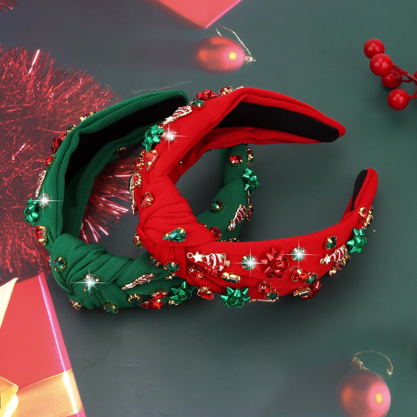 YARIEW Christmas Headbands for Women Christmas Tree Red Green Xmas Bow Jeweled Crystal Xmas Headband Hair Accessories Holiday De