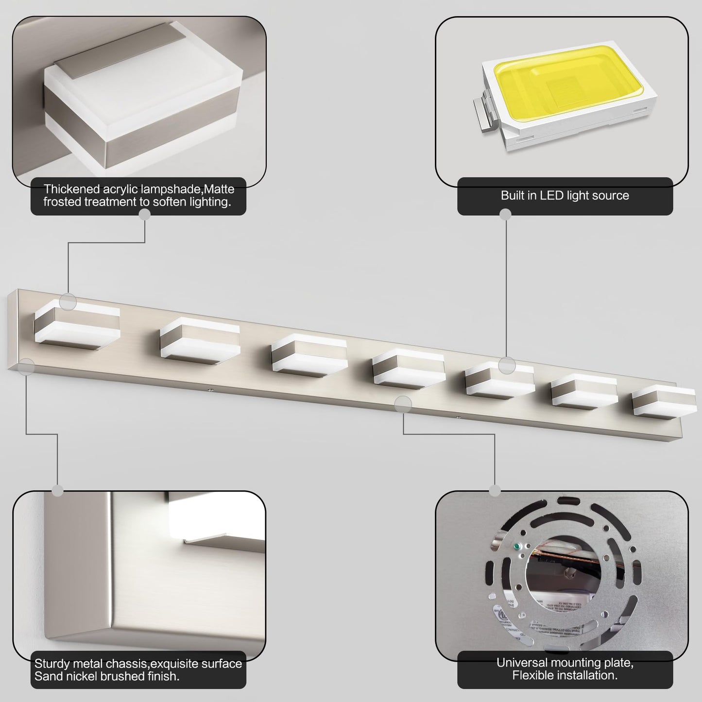 SOLFART Bathroom Vanity Light, 7-Light Brushed Nickel LED Fixture, 53 Inch, Model S8568-7T-6000K