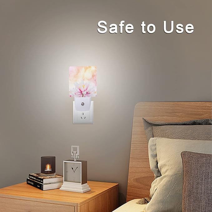 Pink Water Lily Lotus Night Light Plug-in LED Nightlights Auto Sensor Night Lamp Dusk-to-Dawn Lamp Home Decor for Nursery Children Girls Boys