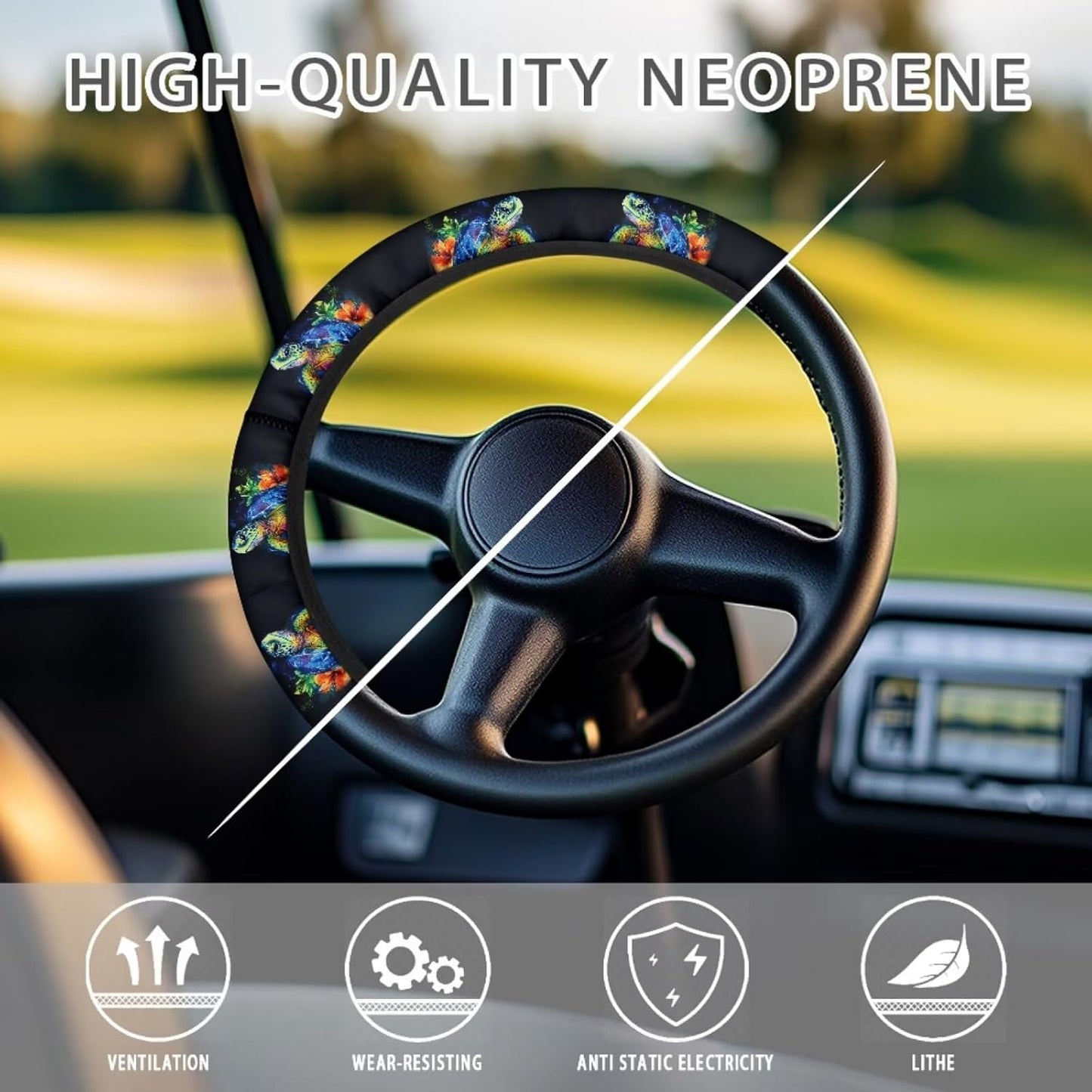 Turtle Golf Cart Steering Wheel Cover Flower 13-14 Inch Golf Cart Steering Wheel Covers Anti-Slip Sun Shade Club Car Accessories Decor Easy to Install and Clean