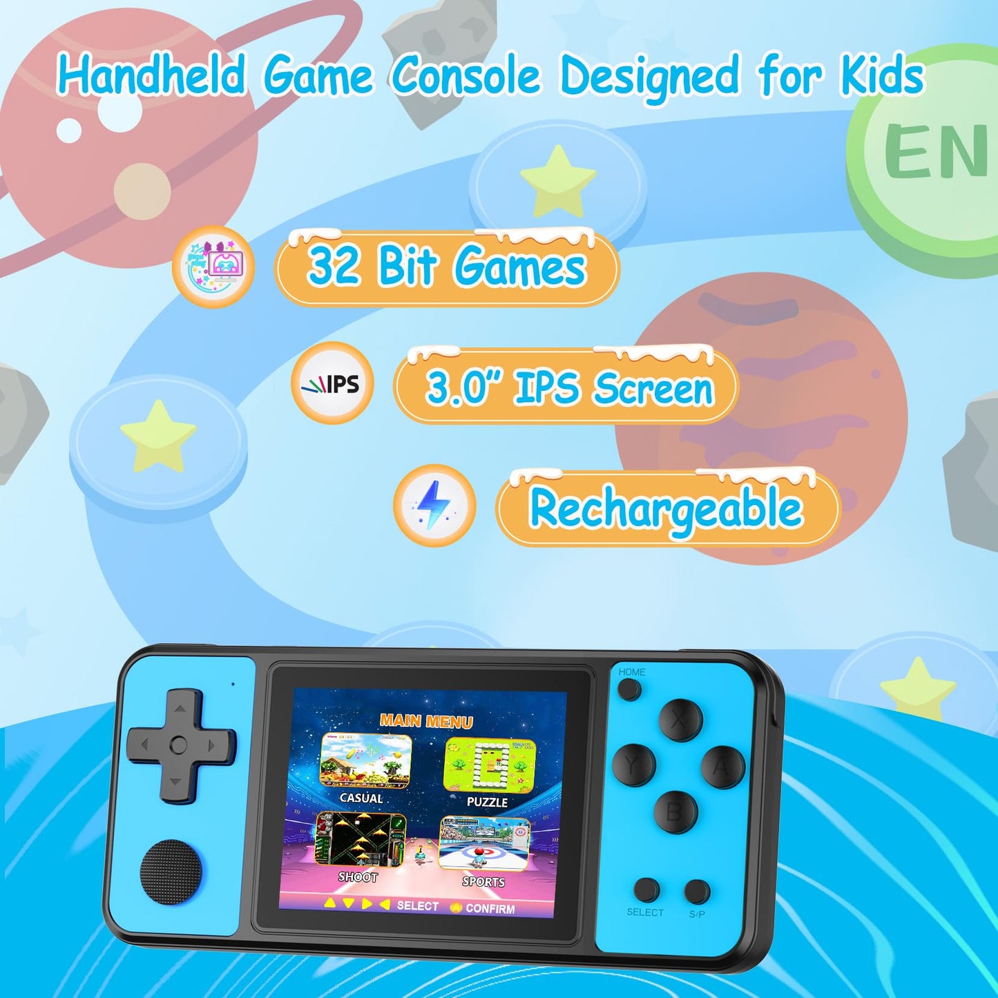 TEBIYOU 32 Bit Handheld Games for Kids Built-in 139 Video Games, 3.0" IPS Screen Rechargeable Travel Toys for Ages 4-13, Mini Electronic Gaming Player Xmas Birthday Gifts for Boys Girls (Blue)