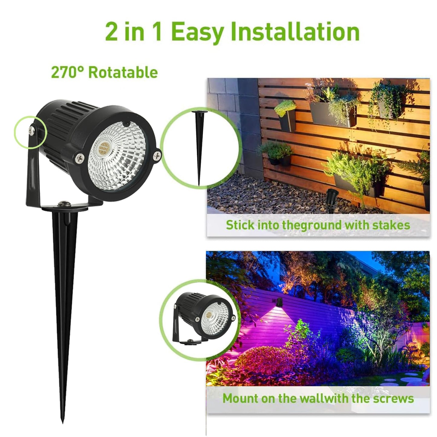 AHSELLUS RGB LED Landscape Lights, Color Changing Waterproof Spotlight, 5W DC12V, Multicolor, 2 with Connect, Model RGB-2P