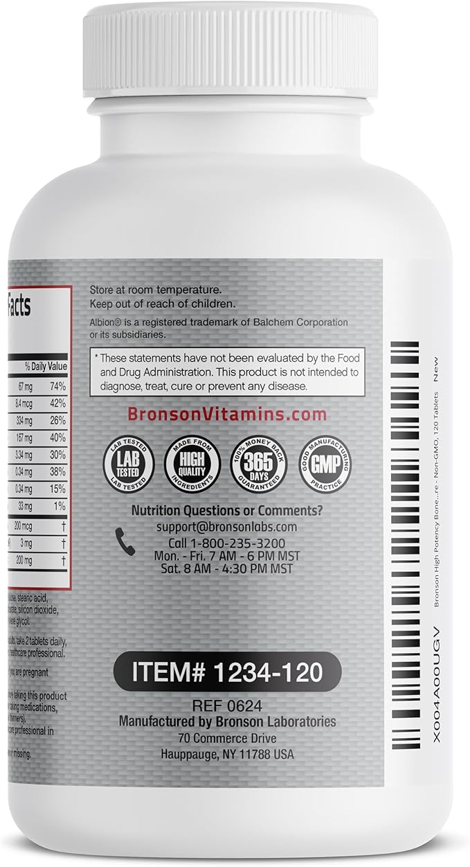 Bronson Bone Health & Strength Complex* High Potency Formula 200 MCG of Vitamin K2 as MK7, Plus Calcium, Boron, Cissus Quadrangularis, Magnesium, Vitamin D3, and More - Non-GMO, 120 Tablets