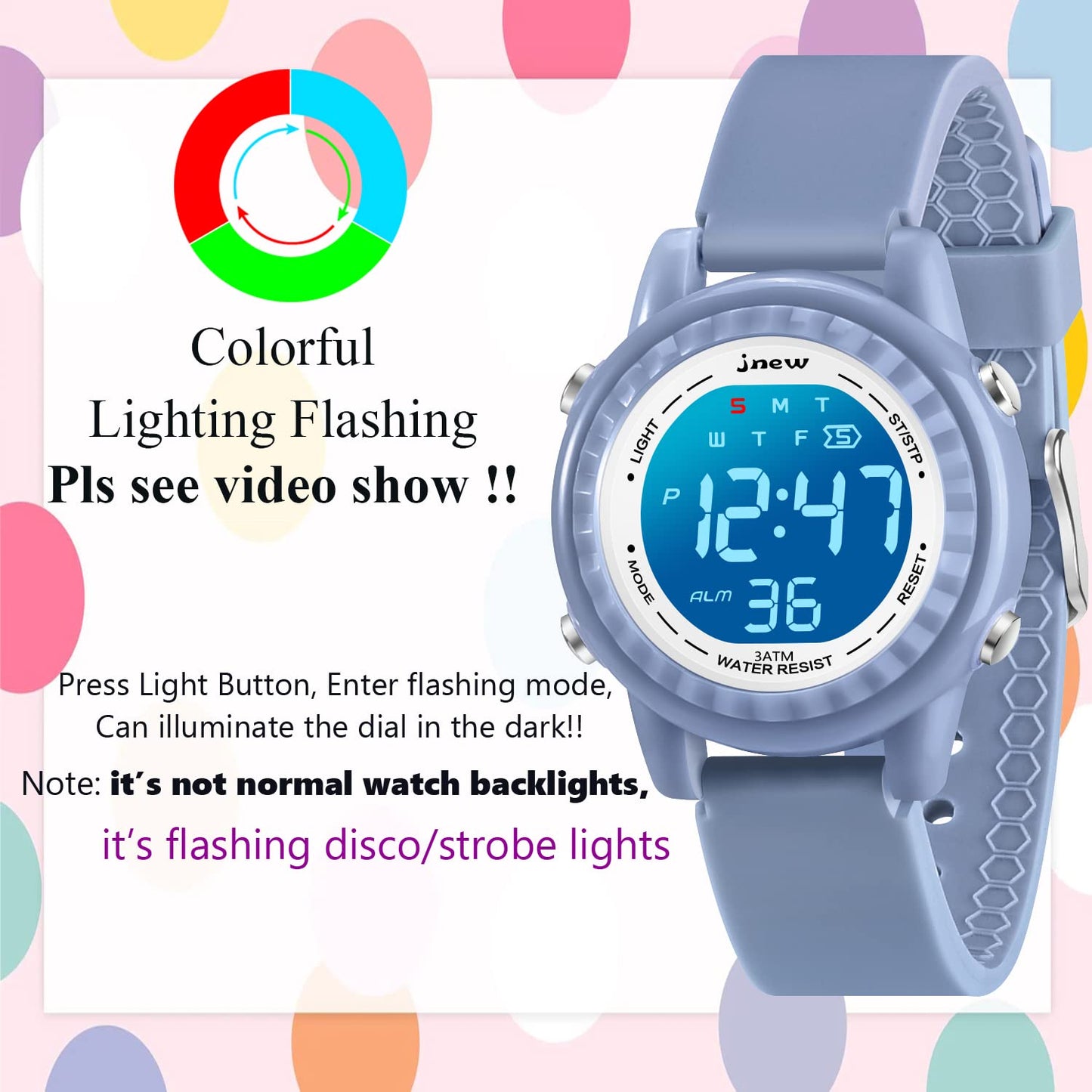Venhoo Kids Watch Silicone Color Flashing Light Outdoor Sport Toddler Wrist Watch with Luminous Alarm Stopwatch for 3-12 Ages Li