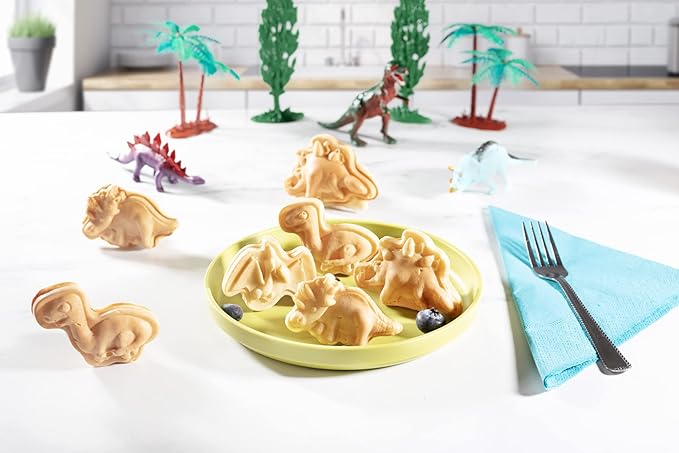 Dinosaur Mini Waffle Maker- 5 Different Double Sided 3D Shaped Dinos in Minutes- Breakfast Fun for Kids Adults w Cool Novelty Pancakes, Electric Baker, NonStick Waffler Iron w Recipe Guide, Xmas Gift