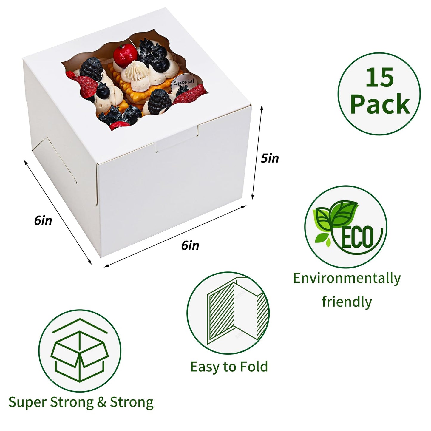 Moretoes 15pcs 6x6x5in Cake Boxes Bakery Carriers, Small Bento Cake Containers Cookie Boxes with Window, White Mini Cupcake Carriers Treat Containers for Dessert, Mother's Day, Valentine's Day