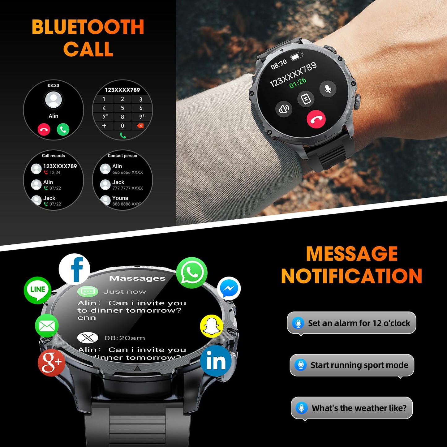 Mingtawn Military Smart Watch for Men (Answer/Make Call), 1,85" HD Touch Screen 700mAh Large Battery Fitness Watch with Flashlight/Heart Rate/Sleep Monitor Fitness Tracker for iPhone & Android Black