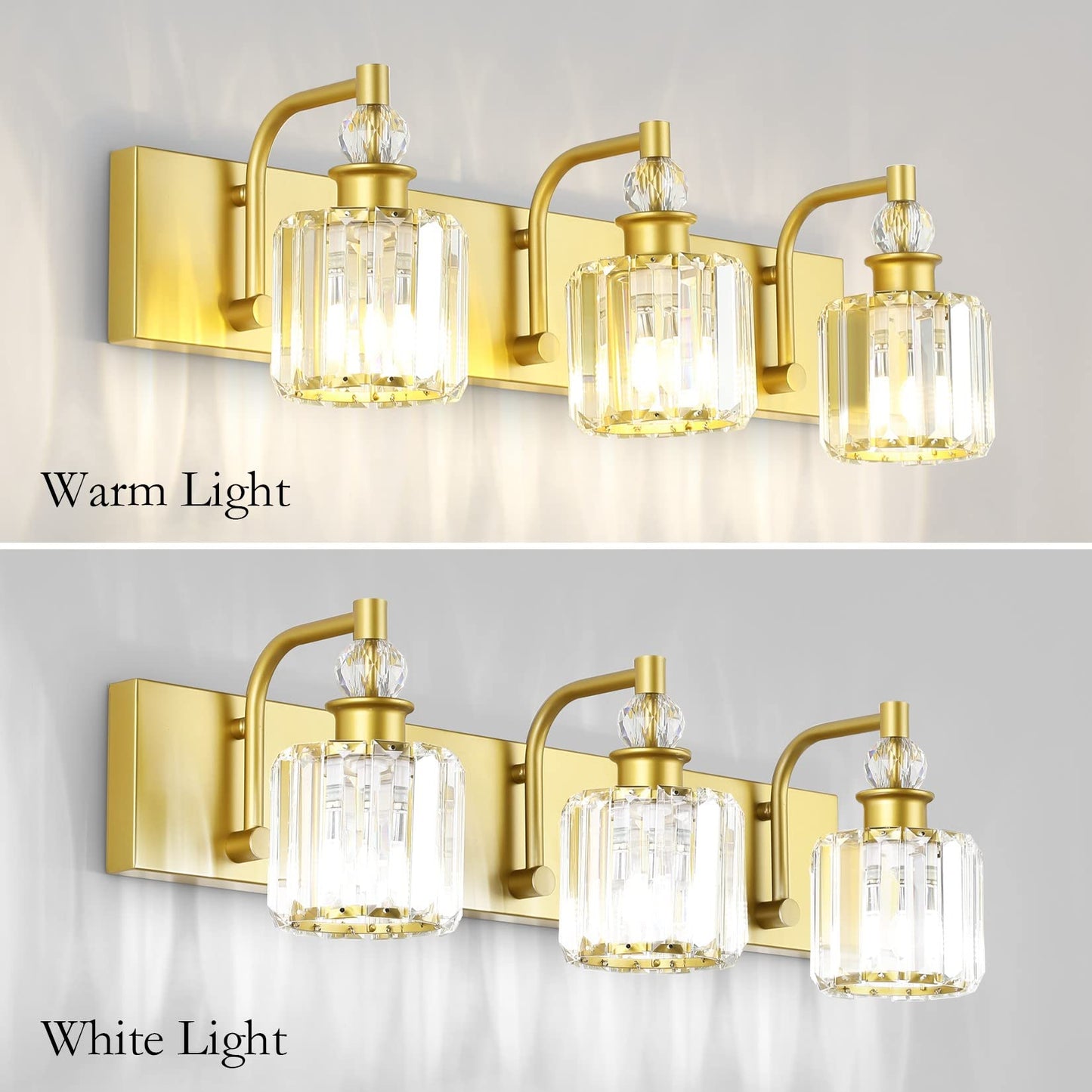 Ralbay 3 Light Crystal Vanity Light Fixture, 24 Inch Gold Bathroom Lighting, Model 8605