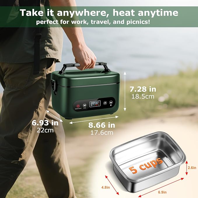 1.2L Cordless Electric Lunch Box – 20000mAh Rechargeable Portable Food Warmer with 5-Sided Heating, Auto Temperature Control, Leakproof & BPA-Free – Perfect for Office, Truck, Outdoors Green