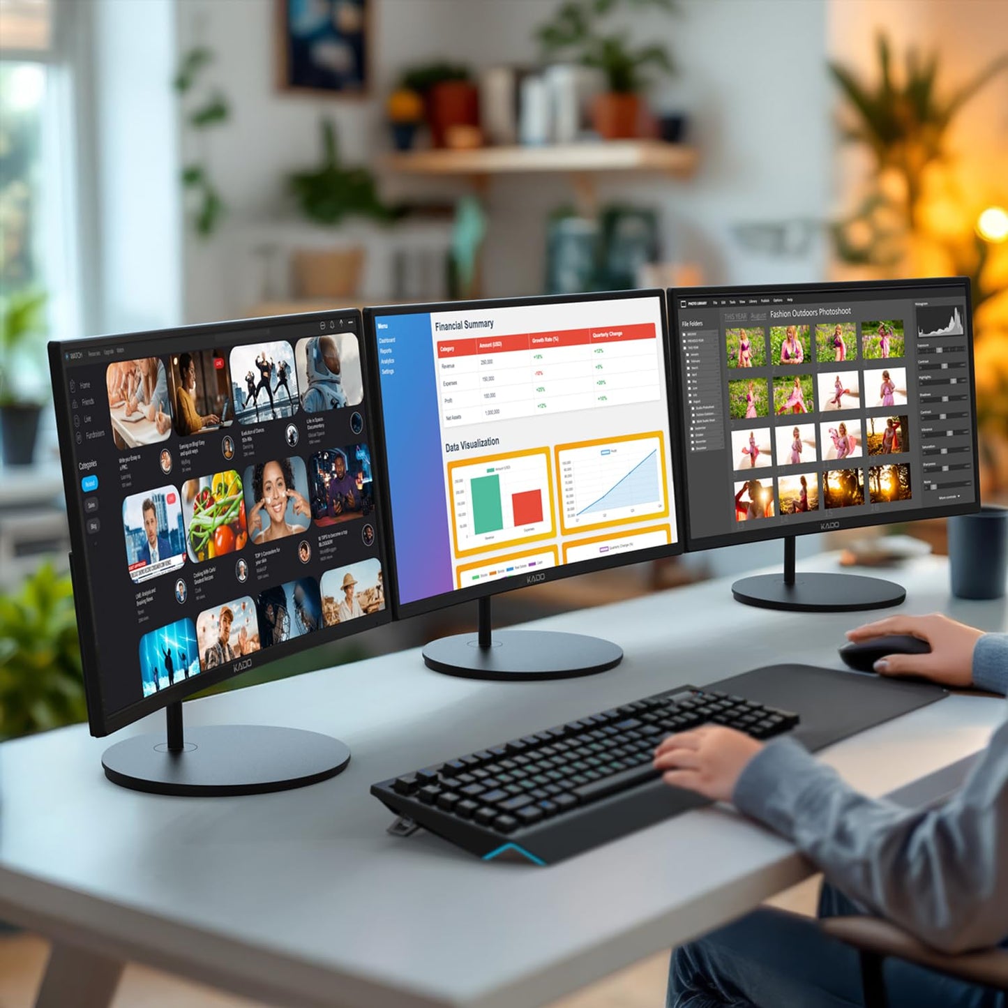 Kado Triple Monitor Setup - 3-Pack 27" 1920x1080 Curved Computer Monitor 1500R 75Hz VESA Mount HDMI Office Gaming Hybrid Sim Racing Built-in Speakers (C27 Trio Series)
