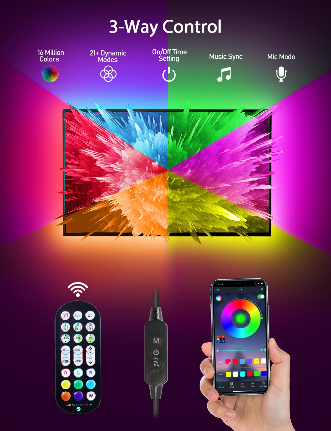 MATICOD LED Strip Lights for TV, 9.84ft RGB, Bluetooth APP Remote, Music Sync, for 32-43in TV, Multicolor