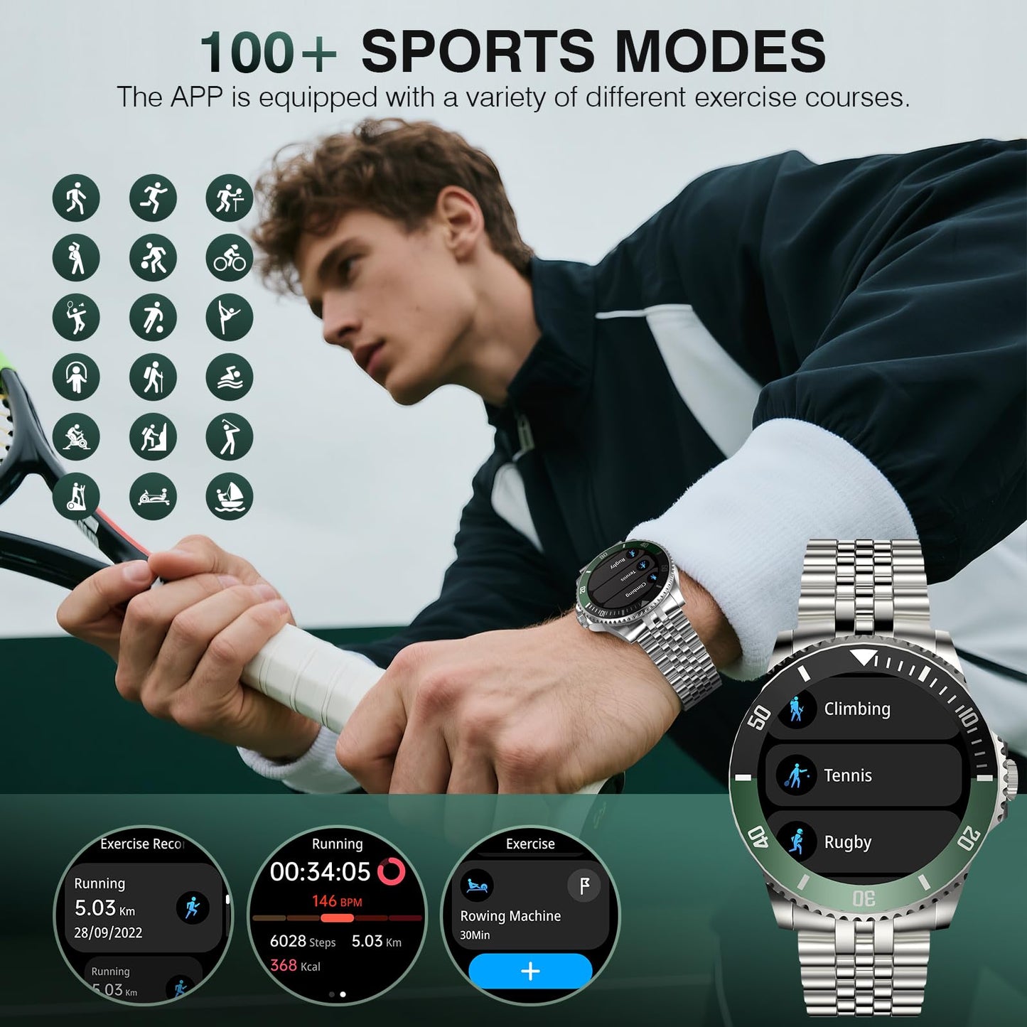 2025 DA GPT Smart Watch for Men, Heart Rate, Blood Pressure, Blood Oxygen, Sleep Monitor, 107 Sports Modes, 1.19-inch AMOLED Display, Waterproof Round Watch, Compatible Android iOS Silver Green